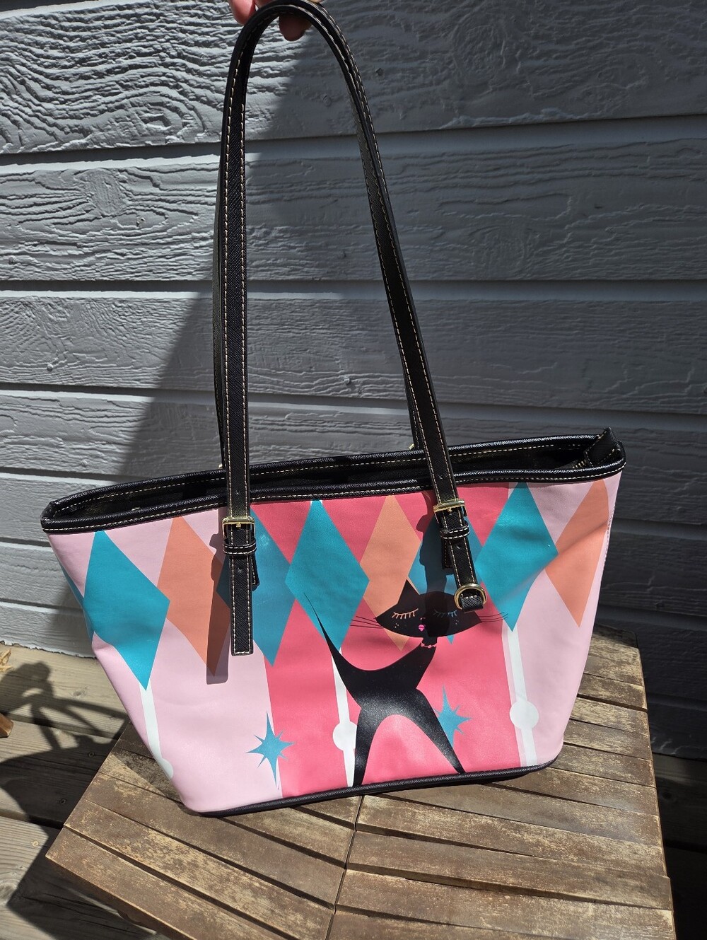 Atomic Cat Retro Mid Century Modern Pink & Aqua Shoulder Bag Tote